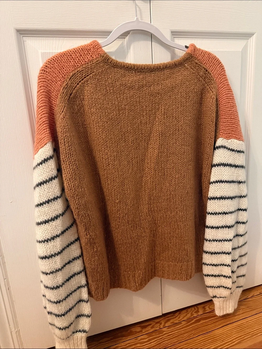 Women's Oversized Pink Rust Sweater with Striped Sleeves